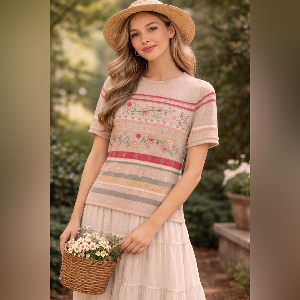 Petite Embroidered Knit Sweater Top Short Sleeve Grandmacore Petite Small